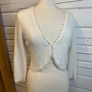 Vintage Phase Eight Angora Cardigan Bolero Ivory Rhinestone Trim Sz 14
